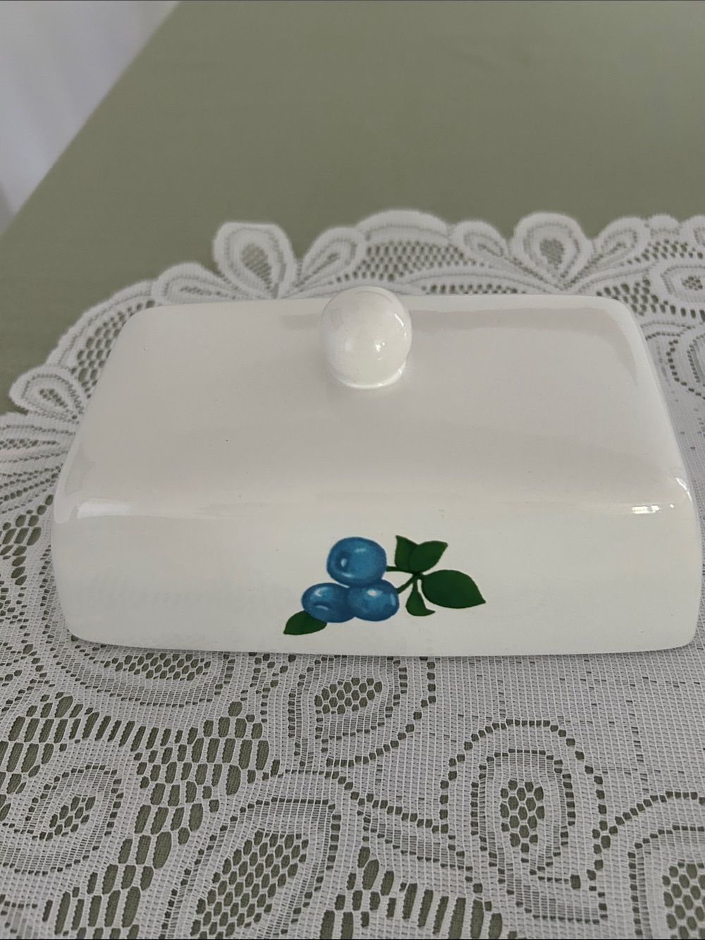 Blueberry Motif Ceramic Butter Dish with Blue Base 8x5 in few call outs - Picture 5 of 11